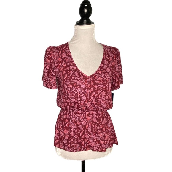 Lucky Brand Tops - Lucky Brand V-Neck Peplum Top Flutter Sleeve Burgundy Floral Print Size Small